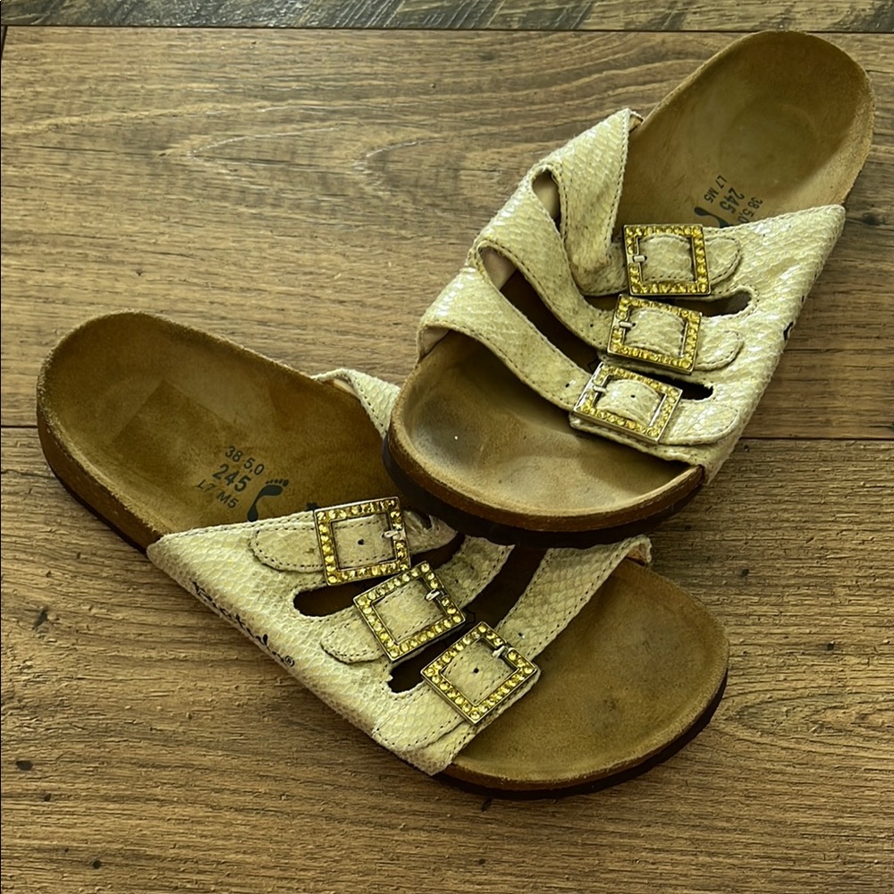 Birkenstock Betula Cream Snakeskin Triple Strap Sandals with Gemstone Buckles